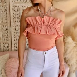 Lelis Apparel The Emmany Salmon Off The Shoulder Ruffle Bodysuit