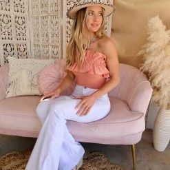 Lelis Apparel The Emmany Salmon Off The Shoulder Ruffle Bodysuit