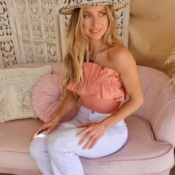 Lelis Apparel The Emmany Salmon Off The Shoulder Ruffle Bodysuit