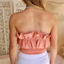 Lelis Apparel The Emmany Salmon Off The Shoulder Ruffle Bodysuit