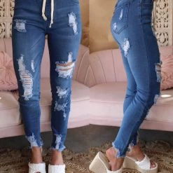 American Bazi Apparel Brenda Blue High Waist Distressed Denim Jogger Pants