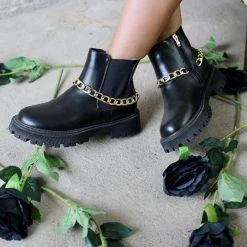 The Lace Cactus Black Chunky Gold Ankle Chain Boots