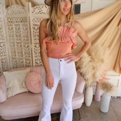 Lelis Apparel The Emmany Salmon Off The Shoulder Ruffle Bodysuit