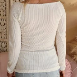 Blue Buttercup Ornella Off White Ribbed Cut-Out Off Shoulder Top Apparel