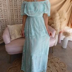 Main Strip Blue Surf Lace Off Shoulder Maxi Dress Apparel