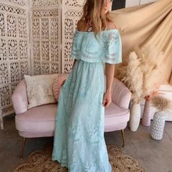 Main Strip Blue Surf Lace Off Shoulder Maxi Dress Apparel