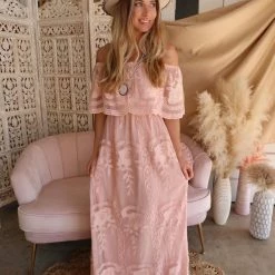 Main Strip Apparel Blush Lace Off Shoulder Maxi Dress