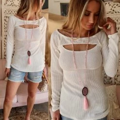 Blue Buttercup Ornella Off White Ribbed Cut-Out Off Shoulder Top Apparel