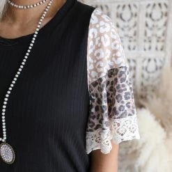 Haptics Black + Round Neck, Leopard Block Sleeve Top Apparel