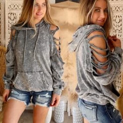 Blue Buttercup Apparel Grey Mineral Dyed+ Cutout Sleeve Sweatshirt