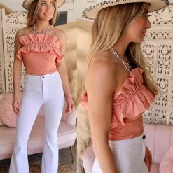 Lelis Apparel The Emmany Salmon Off The Shoulder Ruffle Bodysuit