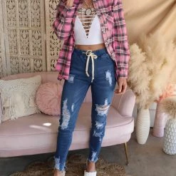 American Bazi Apparel Brenda Blue High Waist Distressed Denim Jogger Pants