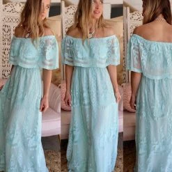 Main Strip Blue Surf Lace Off Shoulder Maxi Dress Apparel