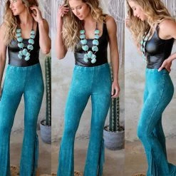 Blue Buttercup Best Sellers Turquoise Mineral Wash Fringe Pants