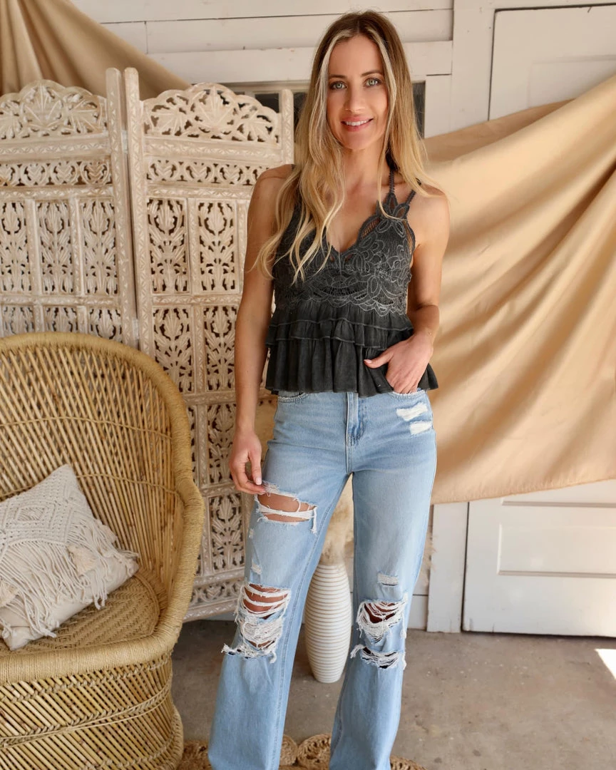 POL Charcoal Crochet Flirty Lace Tank