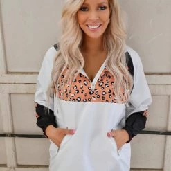 Main Strip White + Leopard Half Zip Windbreaker