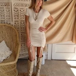 Lelis Apparel Laurena Light Taupe + Round Neck Mini Dress