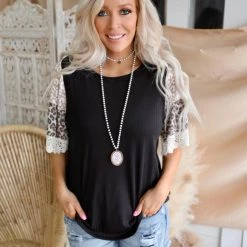 Haptics Black + Round Neck, Leopard Block Sleeve Top Apparel