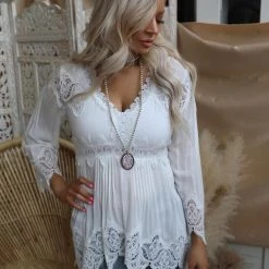 POL Apparel Izabelle Ivory Crochet Bell Sleeve Tunic