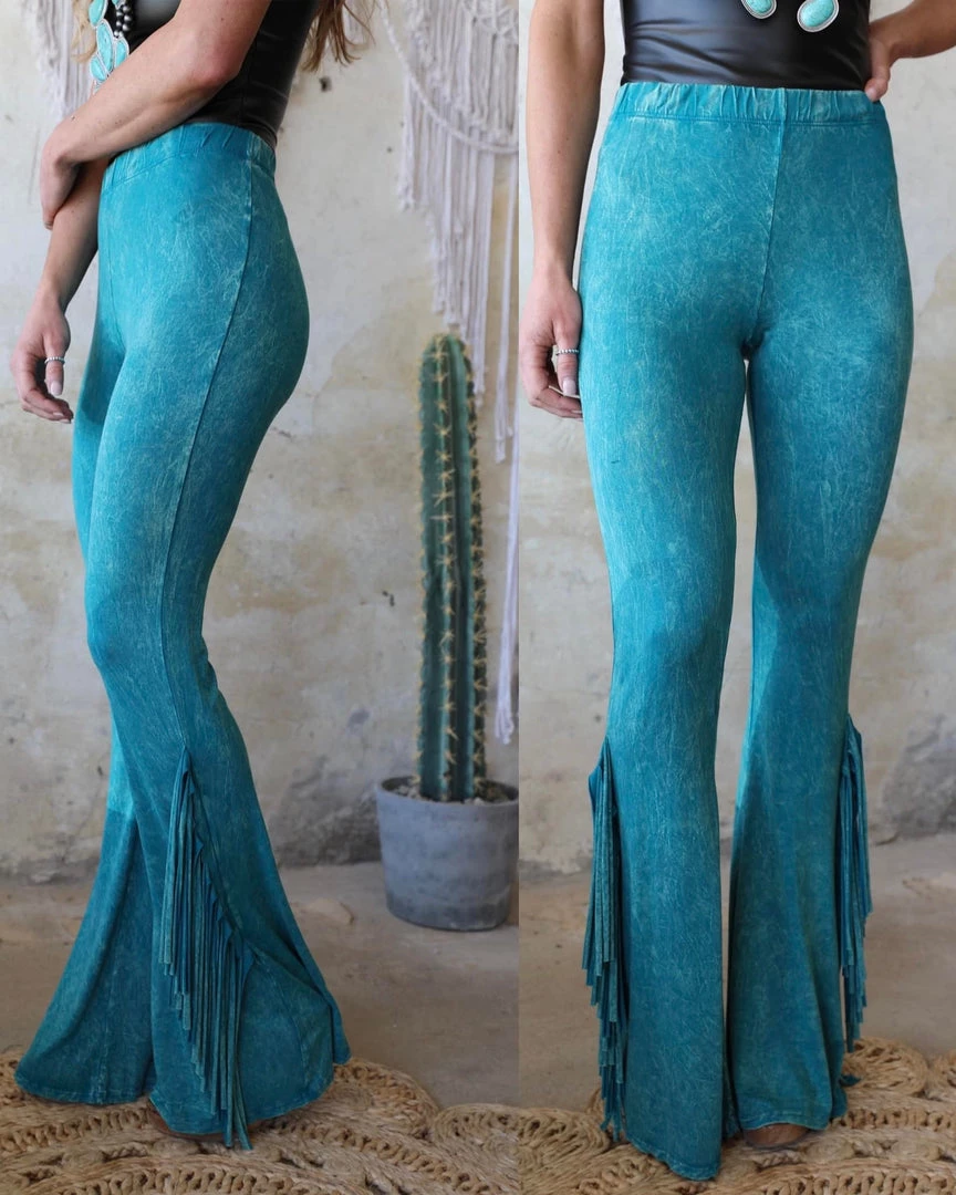Blue Buttercup Best Sellers Turquoise Mineral Wash Fringe Pants