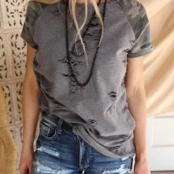 Adora Apparel Grey + Camo Short Sleeve Top