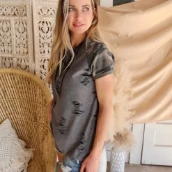 Adora Apparel Grey + Camo Short Sleeve Top