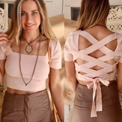 Lelis Apparel Baby Pink Short Sleeve Criss Cross Back Top