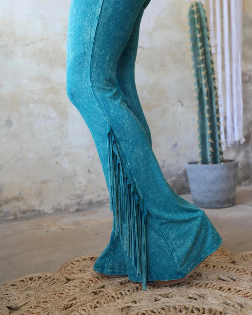 Blue Buttercup Best Sellers Turquoise Mineral Wash Fringe Pants