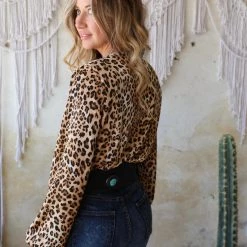 LoveSong Leopard Plunging V-Neck Puff Sleeve Bodysuit
