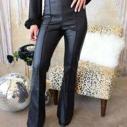 Canvas Slick Black Leather Flare Pants