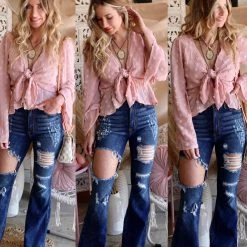 Main Strip Rose Bell Sleeve Peplum Swiss Dot Crop Top