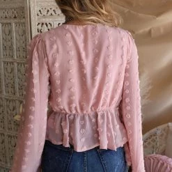 Main Strip Rose Bell Sleeve Peplum Swiss Dot Crop Top