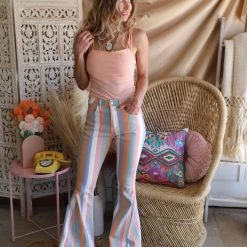 The Lace Cactus Multi+ Peach Striped Denim Bell Bottoms