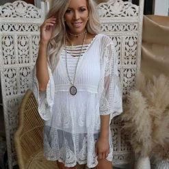 ComfyLuxe Apparel OS White Leaf Pattern Lace Cover-Up Top