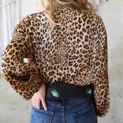 LoveSong Leopard Plunging V-Neck Puff Sleeve Bodysuit