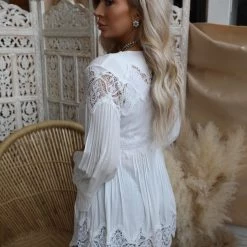 POL Apparel Izabelle Ivory Crochet Bell Sleeve Tunic