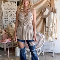 Blue B Apparel Taupe Flowy Lace Tank Top