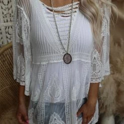 ComfyLuxe Apparel OS White Leaf Pattern Lace Cover-Up Top