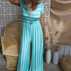Veveret Mint & White Striped Jumpsuit Apparel