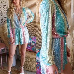 Love Song Blue Mint Multi Color Sequin Romper