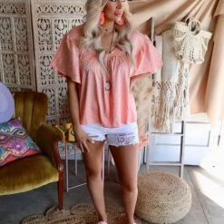 FSL Apparel Satin Coral Leopard Babydoll Top