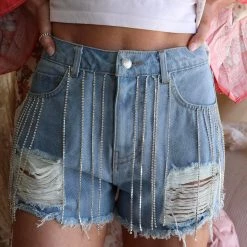 Denim Blvd Light Denim Rhinestone Frayed Shorts
