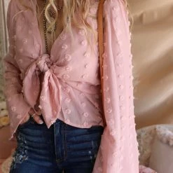 Main Strip Rose Bell Sleeve Peplum Swiss Dot Crop Top