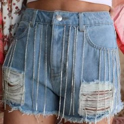 Denim Blvd Light Denim Rhinestone Frayed Shorts