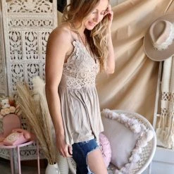 Blue B Apparel Taupe Flowy Lace Tank Top