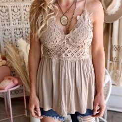 Blue B Apparel Taupe Flowy Lace Tank Top