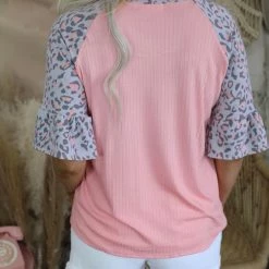 Haptics Rose + Gray Leopard Ruffle Bell Sleeve Top Apparel