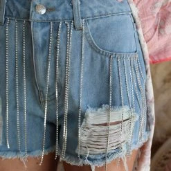 Denim Blvd Light Denim Rhinestone Frayed Shorts