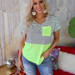 7th Ray Apparel Neon Lime + Leopard Color Block Tee