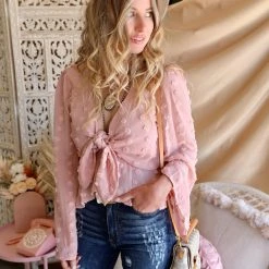 Main Strip Rose Bell Sleeve Peplum Swiss Dot Crop Top